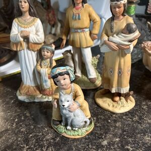 Native American Figurine Set with Child and Lamb